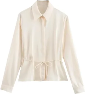 Womens Summer Polo Collar Silk Shirt Business Casual Long Sleeves Blouse Office Work Tops
