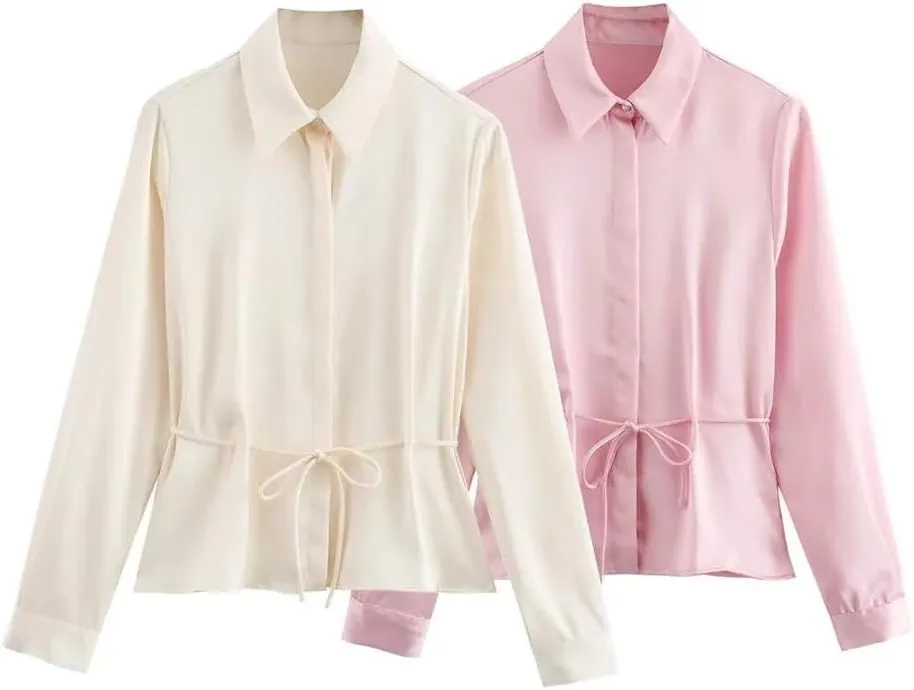 Womens Summer Polo Collar Silk Shirt Business Casual Long Sleeves Blouse Office Work Tops