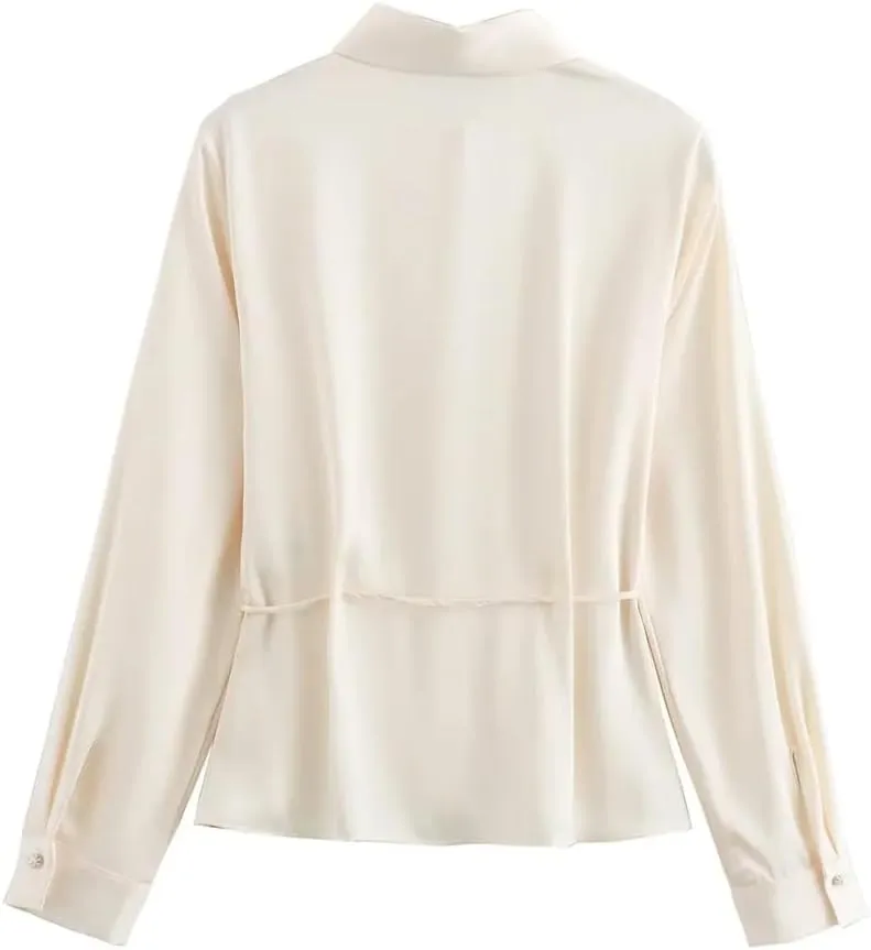 Womens Summer Polo Collar Silk Shirt Business Casual Long Sleeves Blouse Office Work Tops