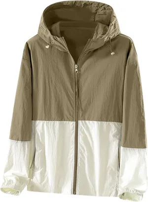 Women's Sun Protection Windbreaker Zip Up Color Block Drawstring Hooded Jacket Outerwear Lightweight Coat with Pockets