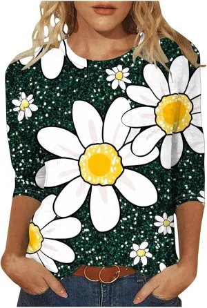 Women's Sunflower Print Casual T-Shirt Short Sleeve Loose Fit Summer Top Plus Size Crewneck Trendy Outfits
