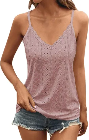 Womens Tank Tops Loose Fit V Neck Casual Lightweight Summer Tops Summer Beach Vacation Shirts Trendy Eyelet Lace Tee