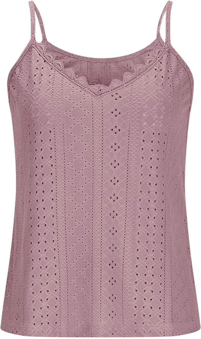 Womens Tank Tops Loose Fit V Neck Casual Lightweight Summer Tops Summer Beach Vacation Shirts Trendy Eyelet Lace Tee