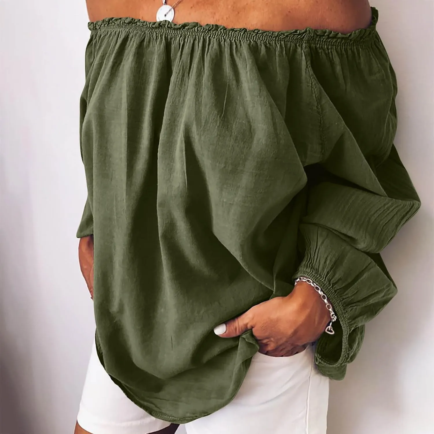 Womens Tops Trendy Fashion Cotton Linen Solid Shirts Sexy Off Shoulder Long Sleeve Blouses Summer Cute Loose Comfy Tees