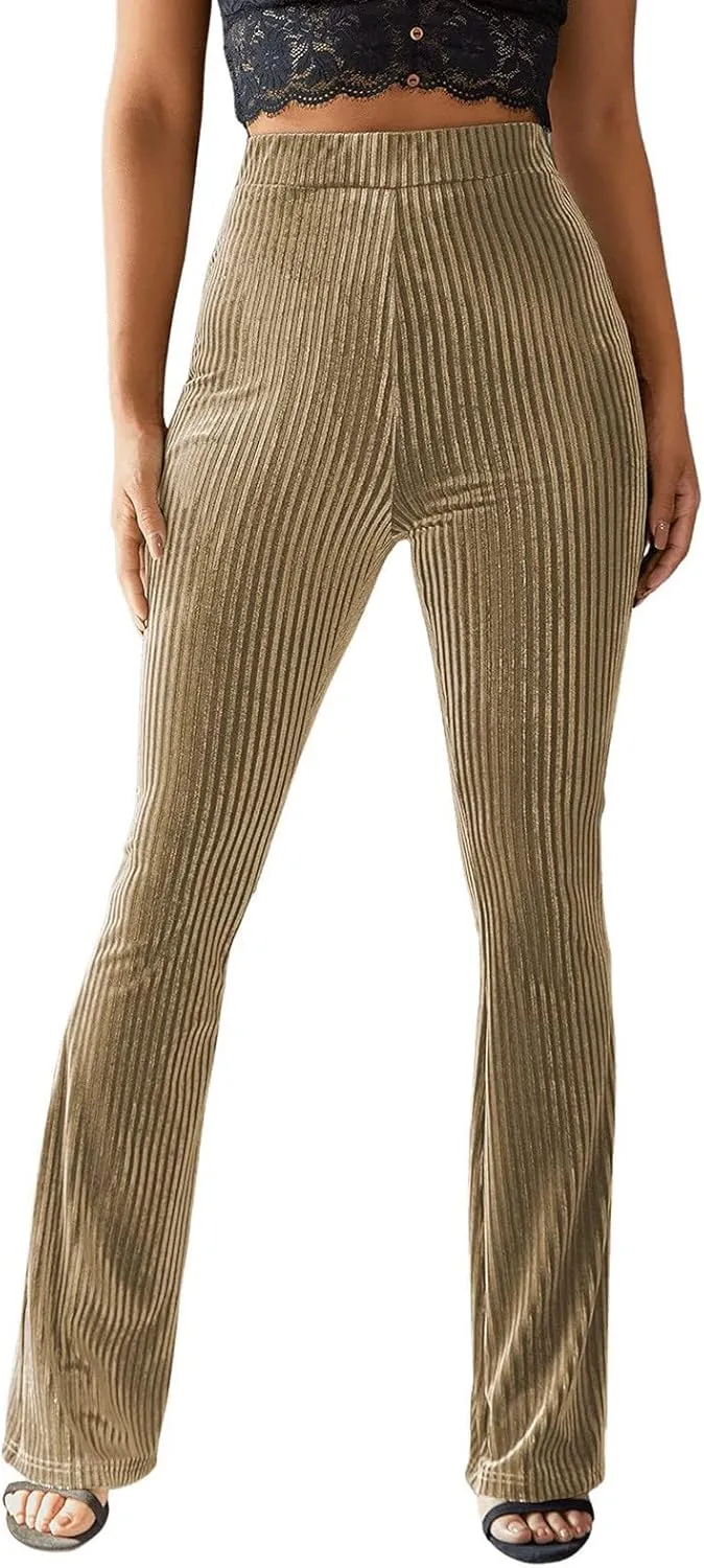 Women's Velvet Elastic Waist Flare Leg Palazzo Long Pants Trousers Loose Fitting Pants for Women Dressy Casual