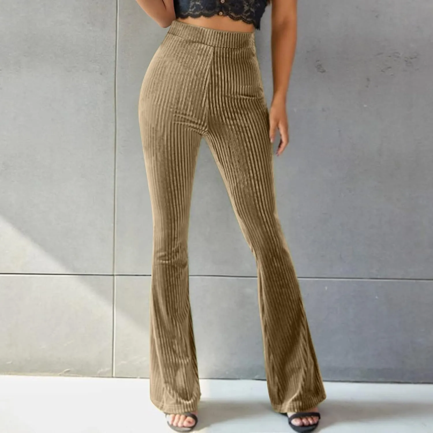 Women's Velvet Elastic Waist Flare Leg Palazzo Long Pants Trousers Loose Fitting Pants for Women Dressy Casual