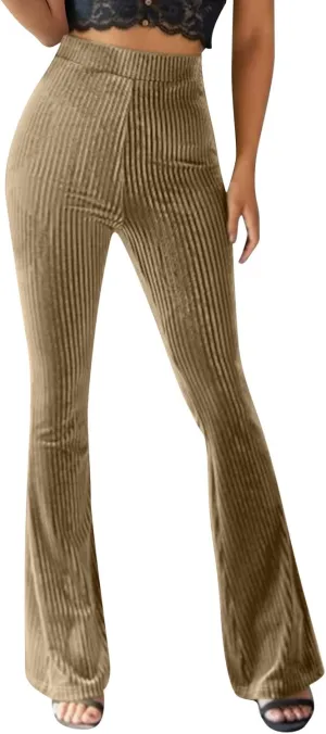 Women's Velvet Elastic Waist Flare Leg Palazzo Long Pants Trousers Loose Fitting Pants for Women Dressy Casual