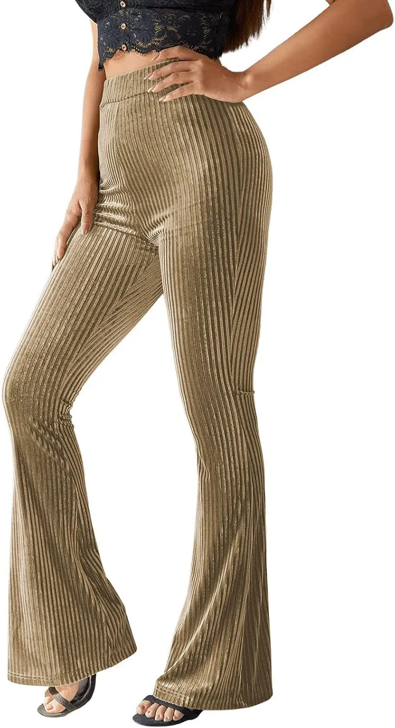 Women's Velvet Elastic Waist Flare Leg Palazzo Long Pants Trousers Loose Fitting Pants for Women Dressy Casual