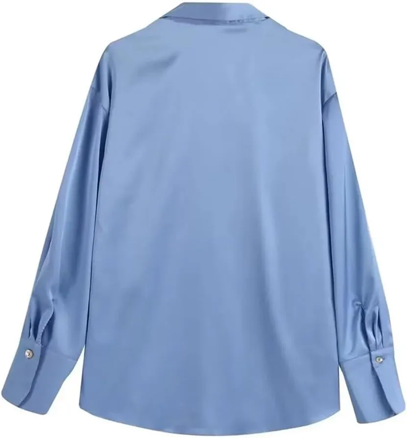 Women's Versatile Single Breasted Silk Long Sleeve Solid Color Shirt