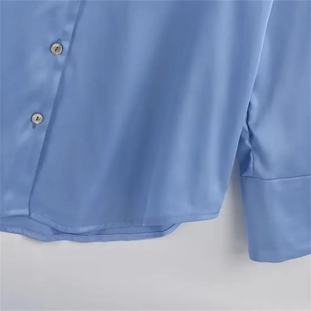 Women's Versatile Single Breasted Silk Long Sleeve Solid Color Shirt