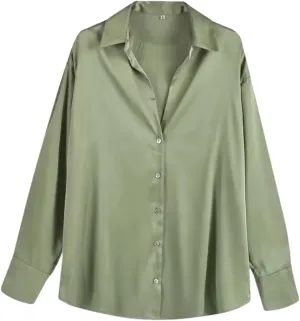Women's Versatile Single Breasted Silk Long Sleeve Solid Color Shirt