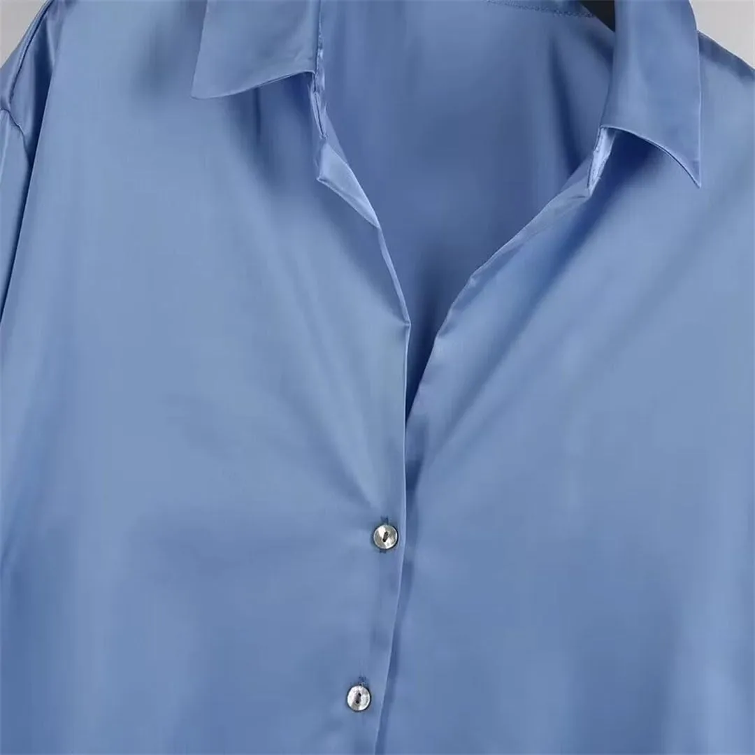 Women's Versatile Single Breasted Silk Long Sleeve Solid Color Shirt