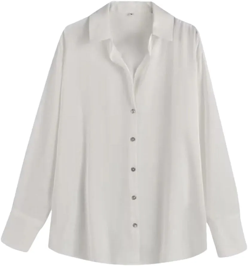 Women's Versatile Single Breasted Silk Long Sleeve Solid Color Shirt