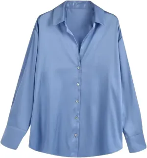 Women's Versatile Single Breasted Silk Long Sleeve Solid Color Shirt