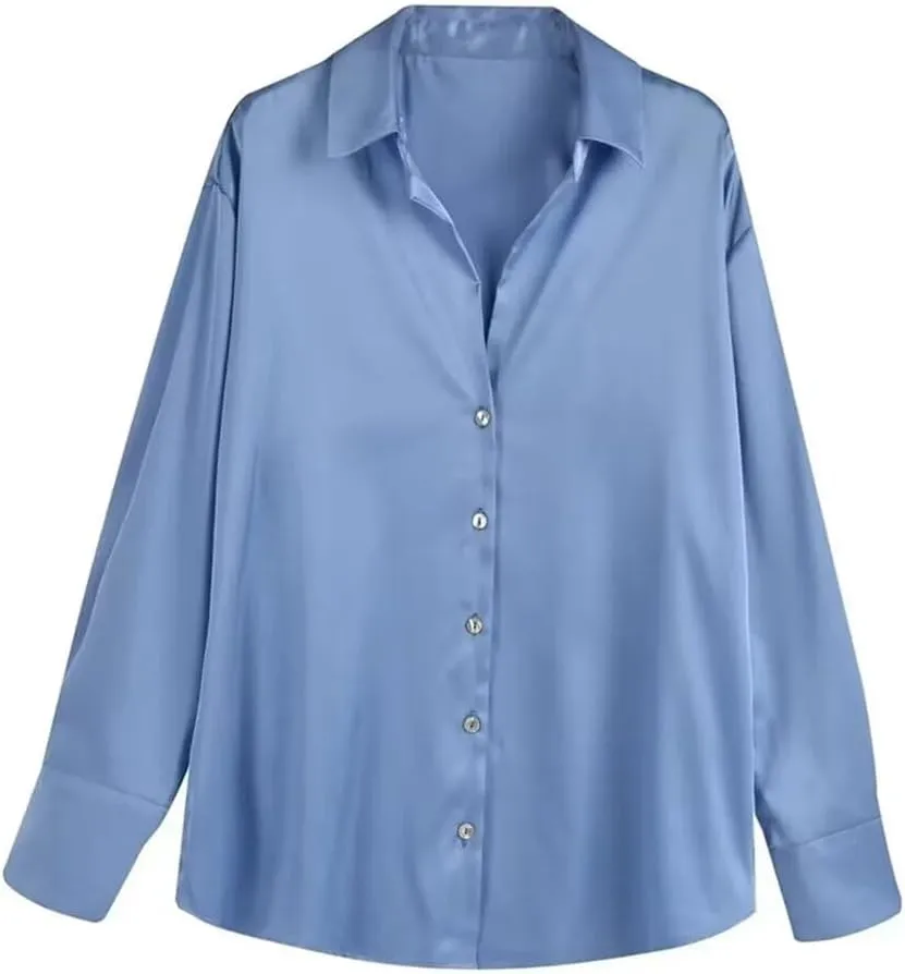 Women's Versatile Single Breasted Silk Long Sleeve Solid Color Shirt