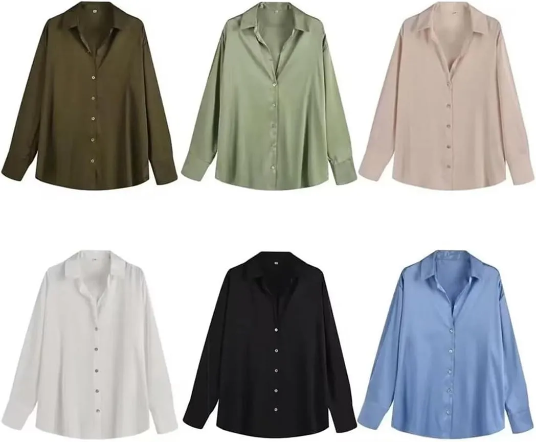 Women's Versatile Single Breasted Silk Long Sleeve Solid Color Shirt