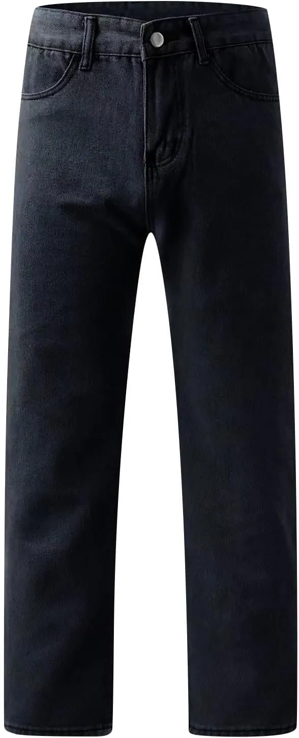 Women's Wide Leg Boyfriend Jeans Mid Waisted Baggy Strsight Leg Plus Size Distrssed Denim Pants with Pockets