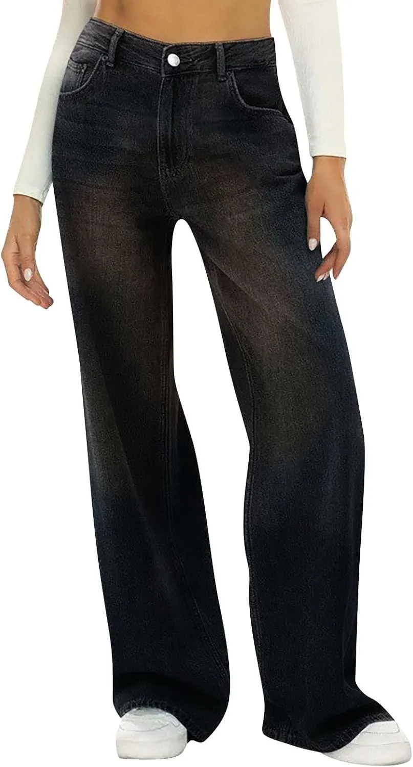 Women's Wide Leg Boyfriend Jeans Mid Waisted Baggy Strsight Leg Plus Size Distrssed Denim Pants with Pockets