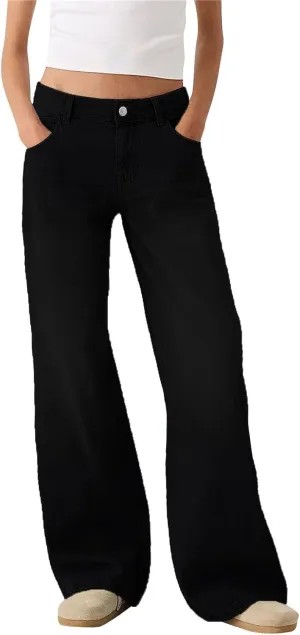 Women's Wide Leg Boyfriend Jeans Mid Waisted Baggy Strsight Leg Plus Size Distrssed Denim Pants with Pockets