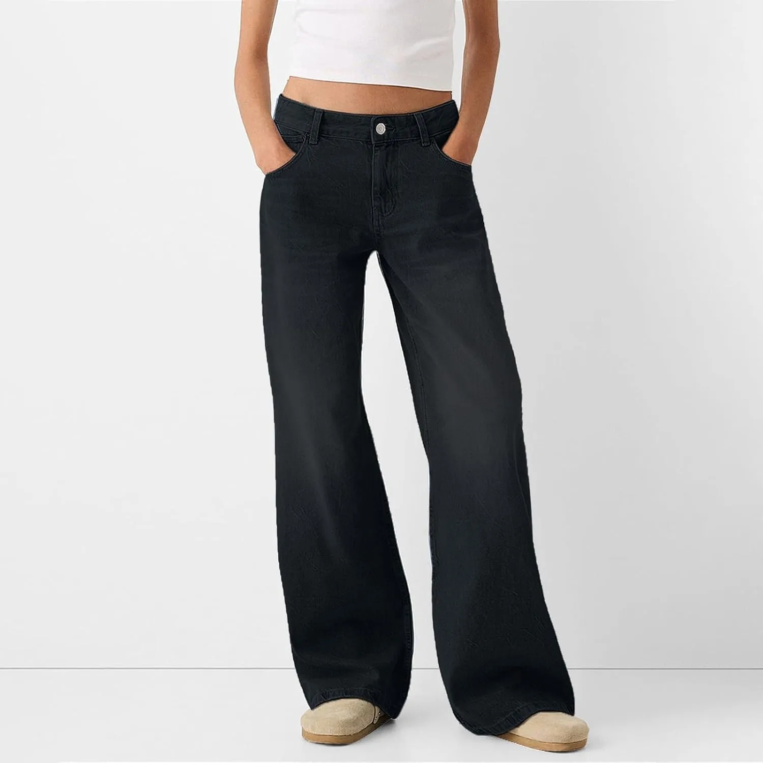 Women's Wide Leg Boyfriend Jeans Mid Waisted Baggy Strsight Leg Plus Size Distrssed Denim Pants with Pockets