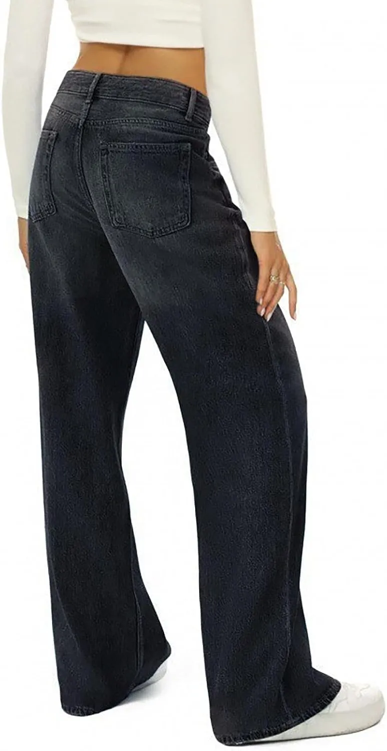 Women's Wide Leg Boyfriend Jeans Mid Waisted Baggy Strsight Leg Plus Size Distrssed Denim Pants with Pockets