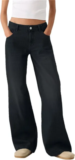 Women's Wide Leg Boyfriend Jeans Mid Waisted Baggy Strsight Leg Plus Size Distrssed Denim Pants with Pockets