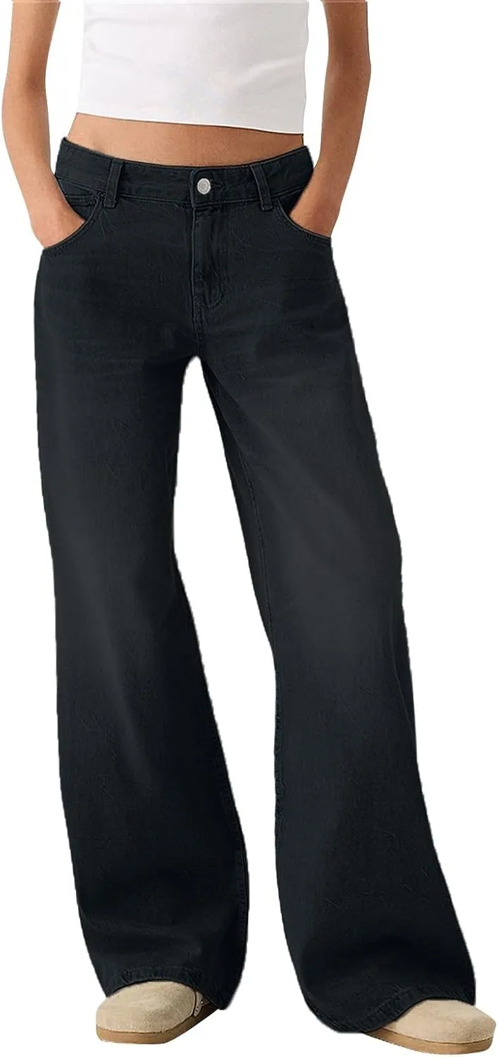 Women's Wide Leg Boyfriend Jeans Mid Waisted Baggy Strsight Leg Plus Size Distrssed Denim Pants with Pockets