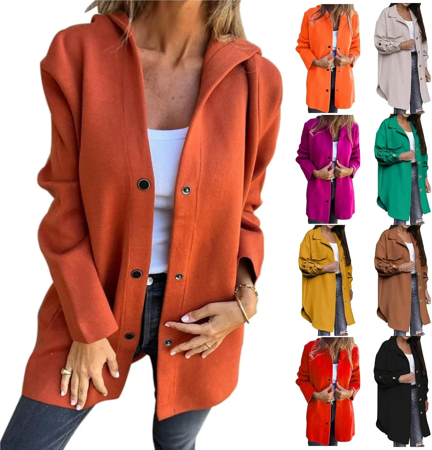 Women's Winter Wool Coat Casual Long Sleeve Button Down Shacket Jacket Plus Size Lapel Tartan Trench Coat with Pockets