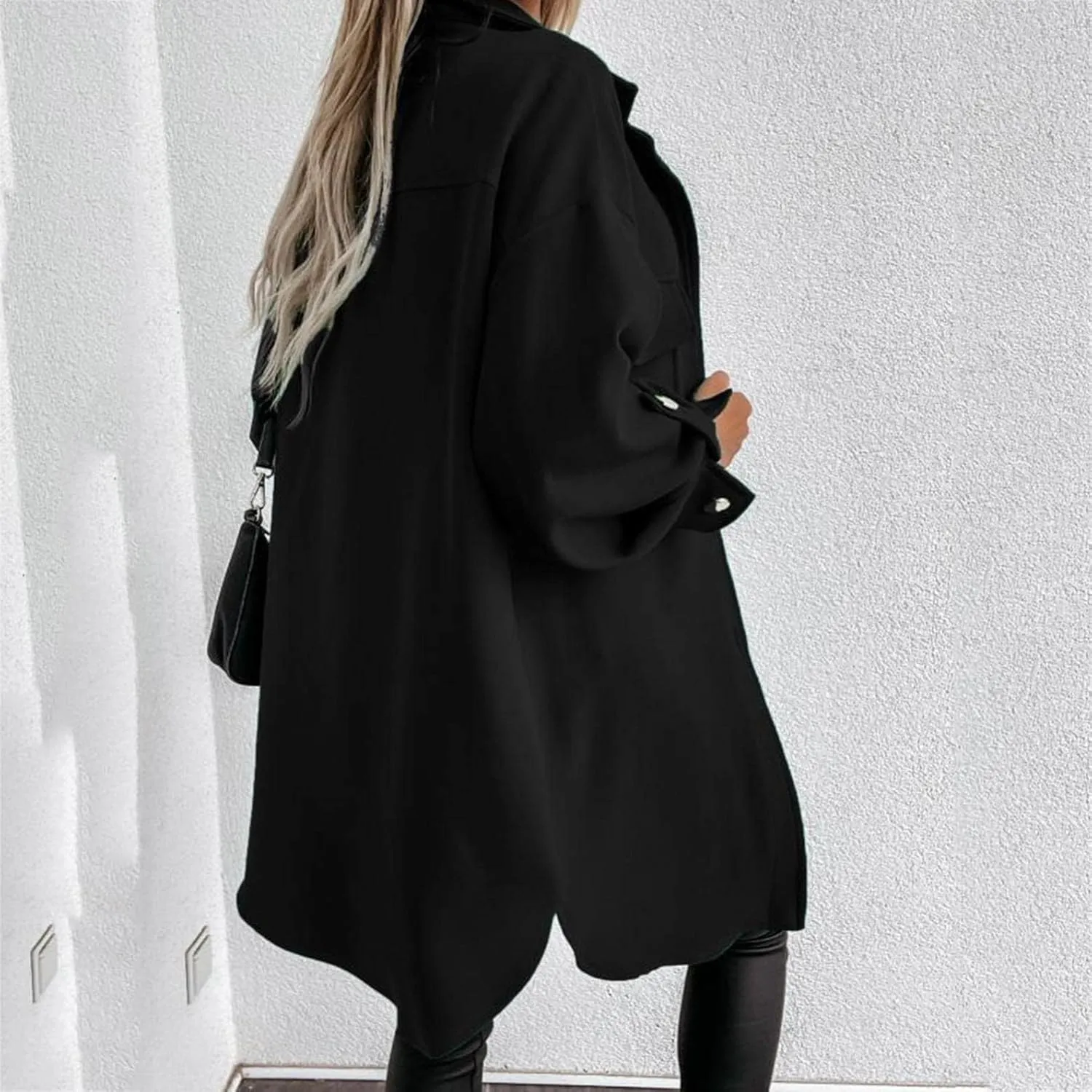 Women's Winter Wool Coat Casual Long Sleeve Button Down Shacket Jacket Plus Size Lapel Tartan Trench Coat with Pockets