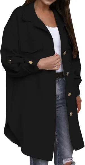 Women's Winter Wool Coat Casual Long Sleeve Button Down Shacket Jacket Plus Size Lapel Tartan Trench Coat with Pockets