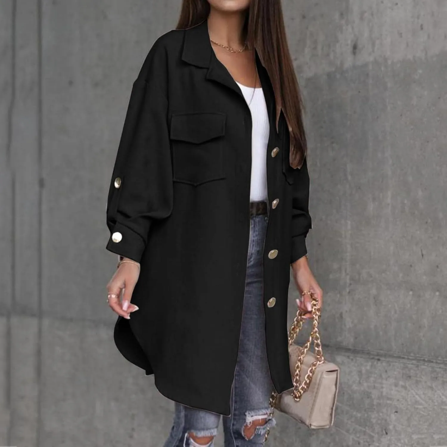 Women's Winter Wool Coat Casual Long Sleeve Button Down Shacket Jacket Plus Size Lapel Tartan Trench Coat with Pockets