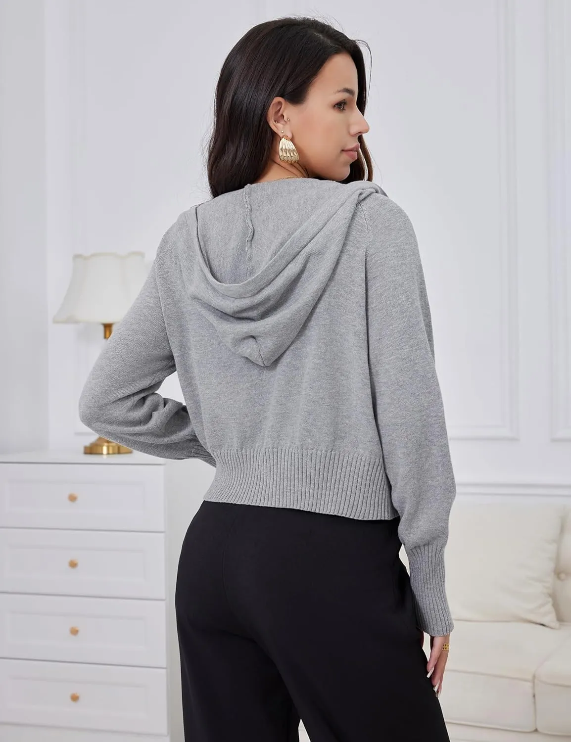 Women's Zip Up Knit Cardigan Drawstring Cropped Sweaters Hooded Pullover