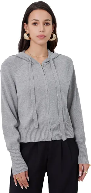 Women's Zip Up Knit Cardigan Drawstring Cropped Sweaters Hooded Pullover