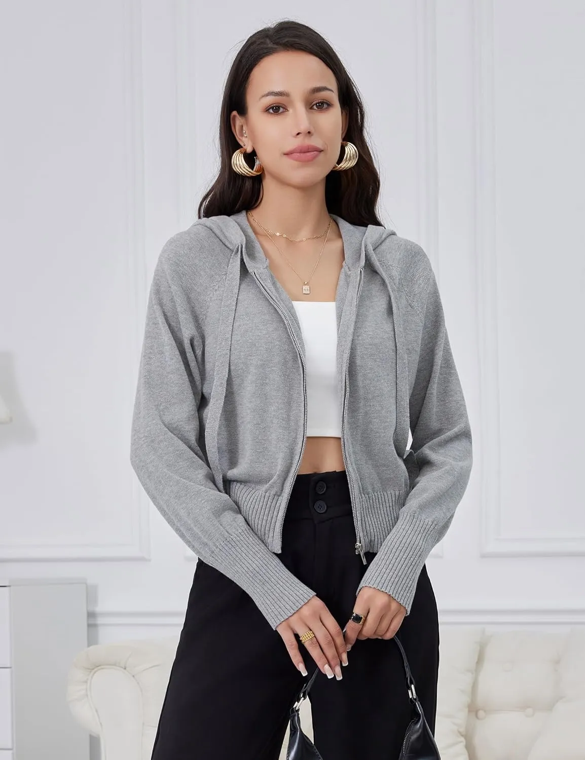 Women's Zip Up Knit Cardigan Drawstring Cropped Sweaters Hooded Pullover