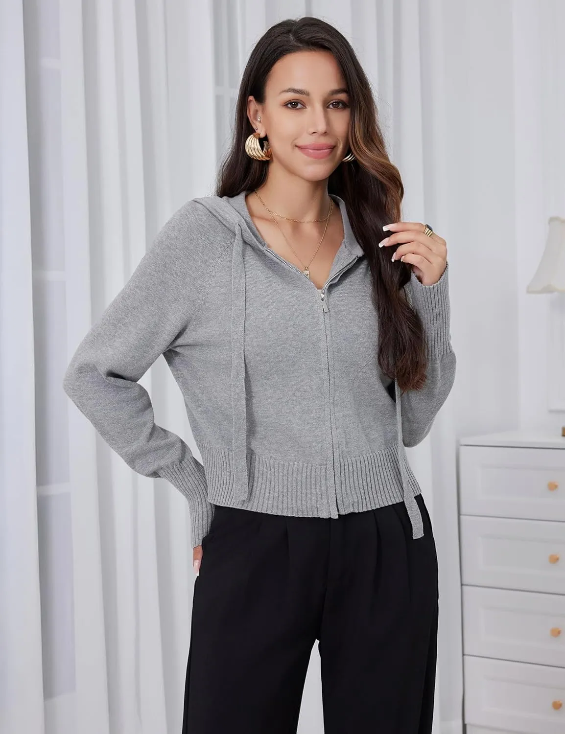 Women's Zip Up Knit Cardigan Drawstring Cropped Sweaters Hooded Pullover