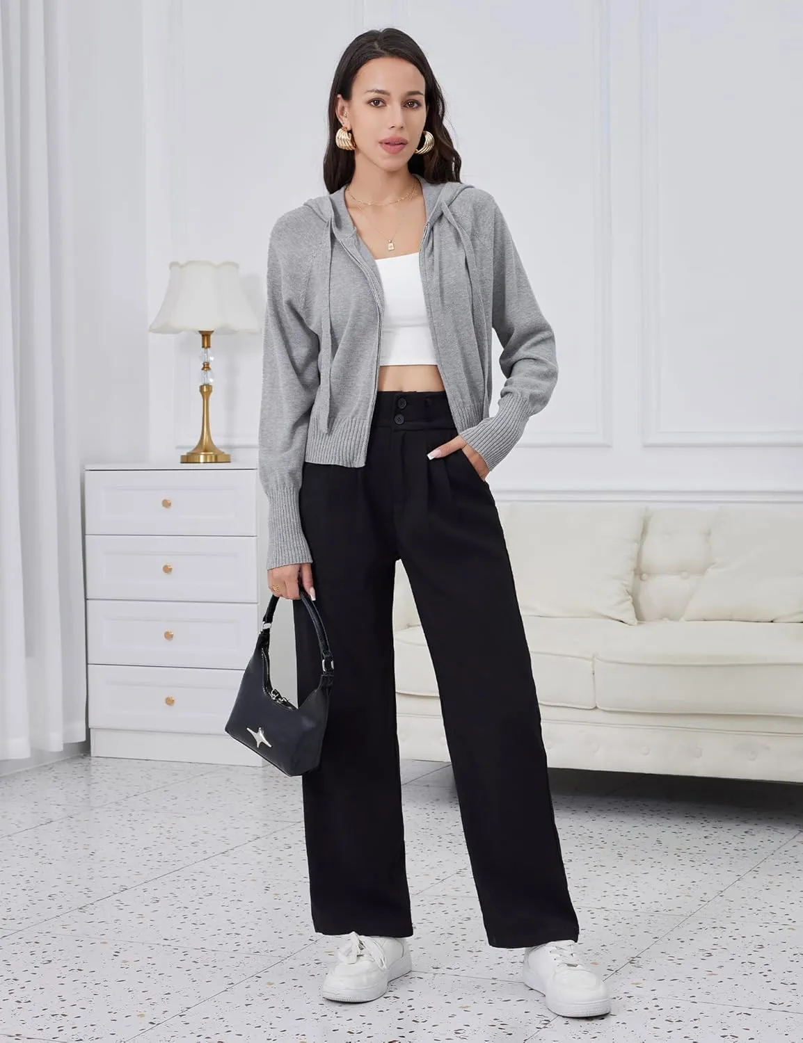 Women's Zip Up Knit Cardigan Drawstring Cropped Sweaters Hooded Pullover