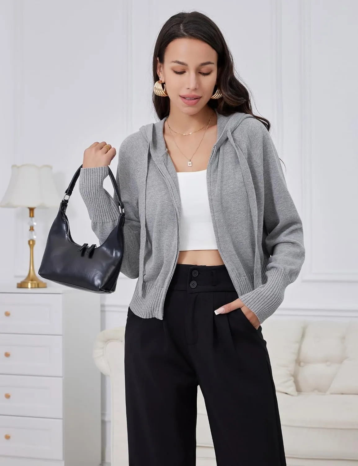 Women's Zip Up Knit Cardigan Drawstring Cropped Sweaters Hooded Pullover