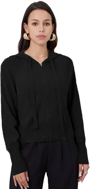 Women's Zip Up Knit Cardigan Drawstring Cropped Sweaters Hooded Pullover