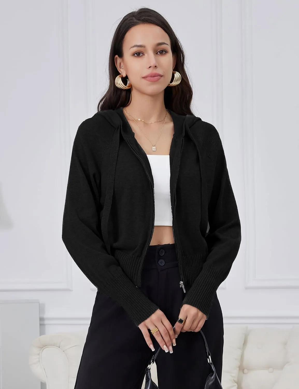 Women's Zip Up Knit Cardigan Drawstring Cropped Sweaters Hooded Pullover