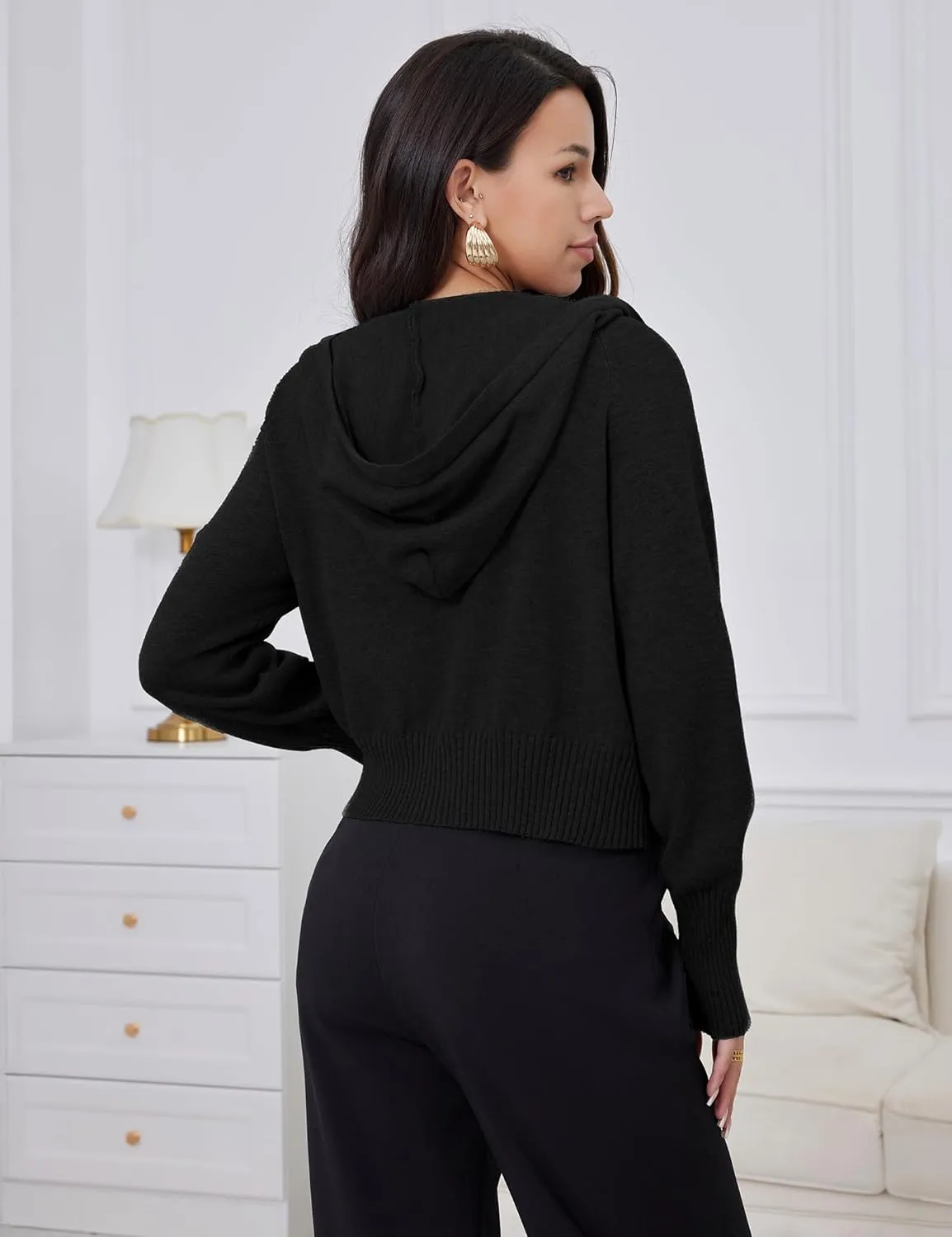Women's Zip Up Knit Cardigan Drawstring Cropped Sweaters Hooded Pullover