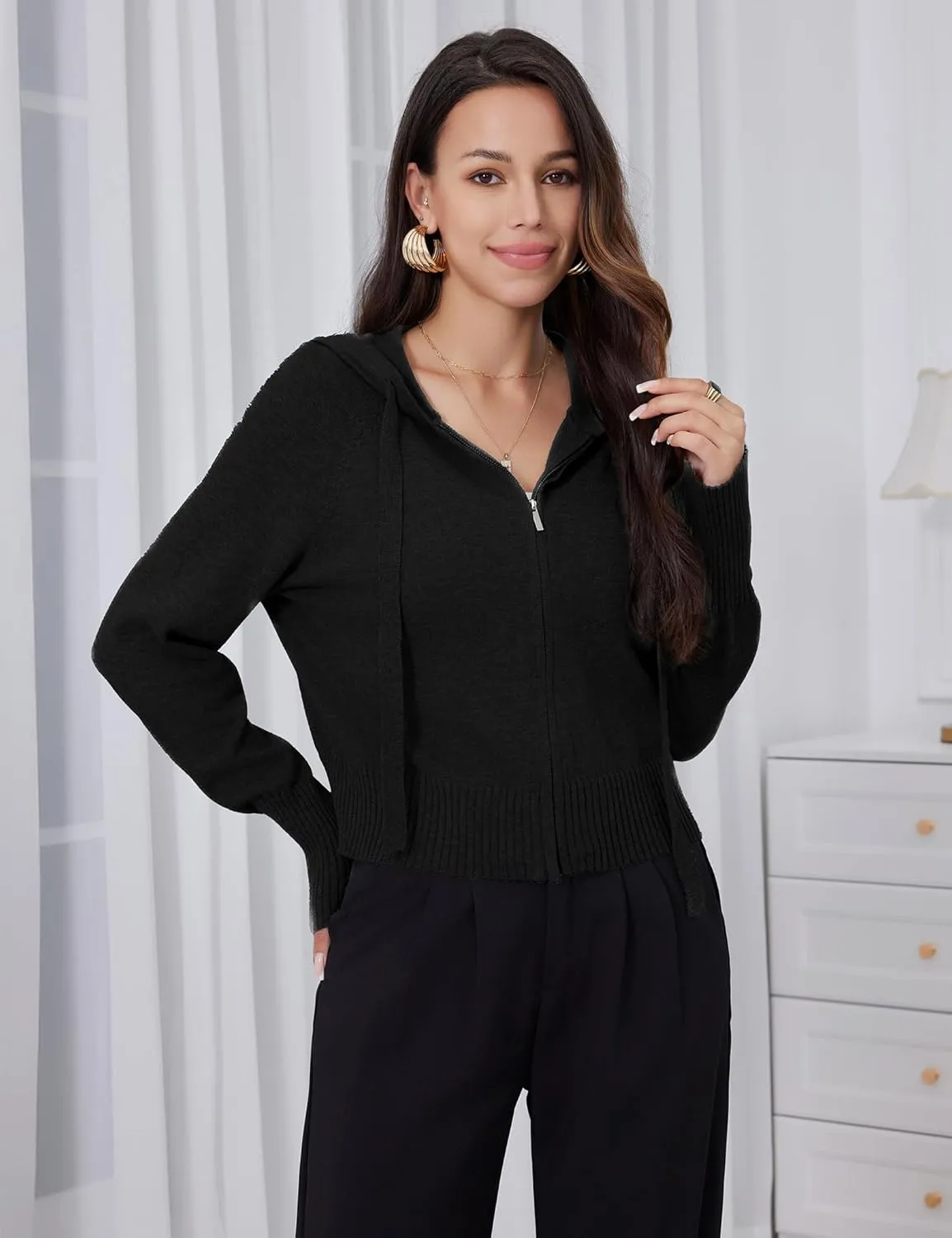 Women's Zip Up Knit Cardigan Drawstring Cropped Sweaters Hooded Pullover