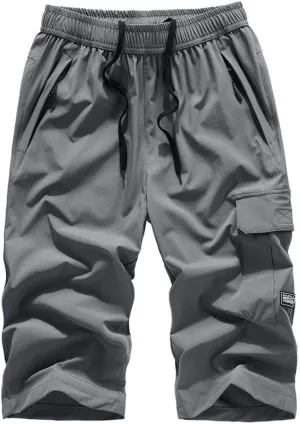 WOSJKDJ Mens Capris Pants 3/4 Quick Dry Long Shorts X-8xl Below Knee Zipper Pocket Athletic Beach Jogger Sport Running Short Grey
