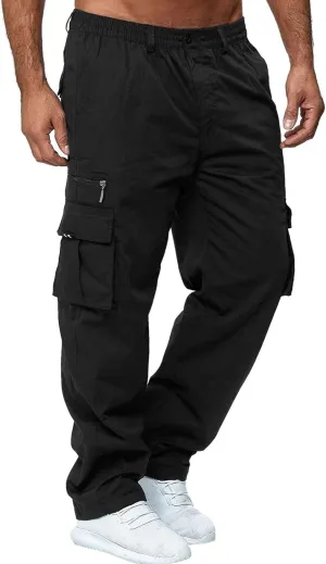 XUETON Men's Outdoor Hiking Ripstop Cargo Pants Multi-Pocket Work Utility Pants Straight Leg Open Bottom Cargo Trousers(Black,Large)