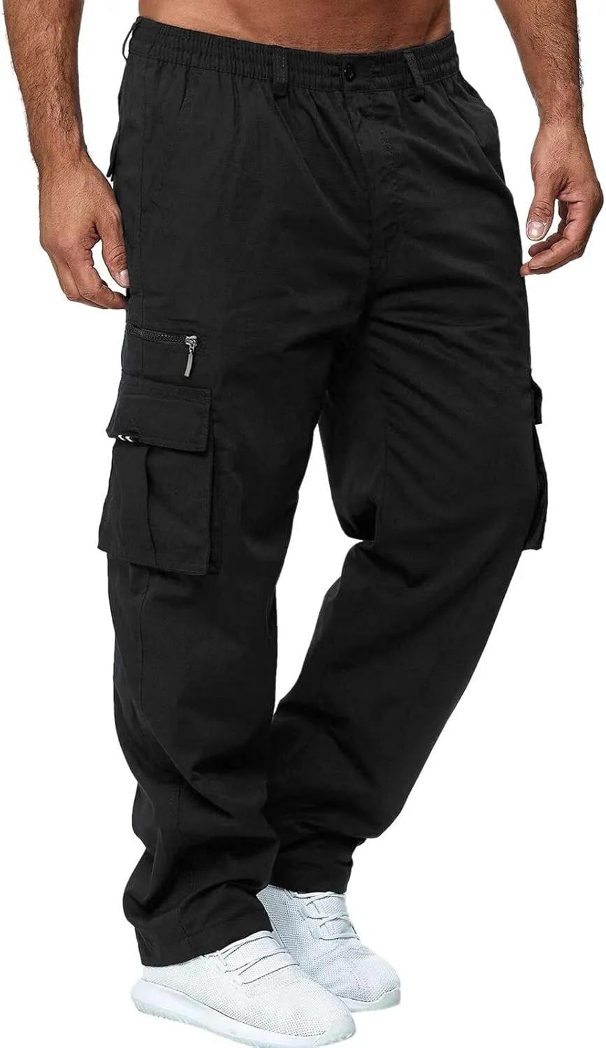 XUETON Men's Outdoor Hiking Ripstop Cargo Pants Multi-Pocket Work Utility Pants Straight Leg Open Bottom Cargo Trousers(Black,Large)
