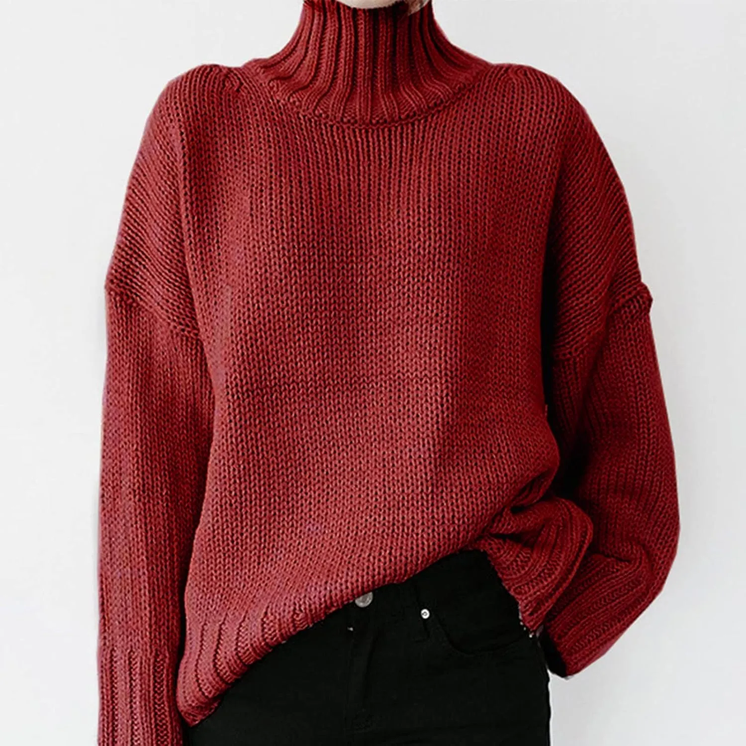 XUETON Womens Oversized Long Sleeve Turtleneck Pullover Sweater Soft Casual Lightweight Cable Knit Loose Pullover Jumper Tops