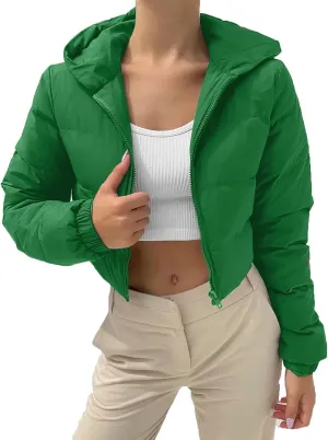 XUETON Womens Winter Long Sleeve Zip Up Cropped Puffer Down Jackets Padding Warm Baggy Loose Quilted Short Down Hooded Coat with Pockets