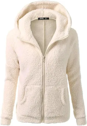 XUETON Womens Winter Warm Fleece Hoodie Jacket Coat Sherpa Lined Faux Fuzzy Long Sleeve Casual Zip Up Hooded Bomber Coat Beige