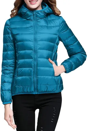 XUETON Womens Zip Up Lightweight Packable Down Puffer Jacket Autumn Winter Warm Hooded Windproof Water-Resistant Short Down Jacket Outerwear(Blue,Medium)