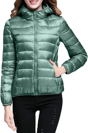 XUETON Womens Zip Up Lightweight Packable Down Puffer Jacket Autumn Winter Warm Hooded Windproof Water-Resistant Short Down Jacket Outerwear(Mint Green,Small)