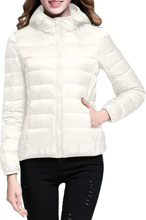 XUETON Womens Zip Up Lightweight Packable Down Puffer Jacket Autumn Winter Warm Hooded Windproof Water-Resistant Short Down Jacket Outerwear(White,Large)